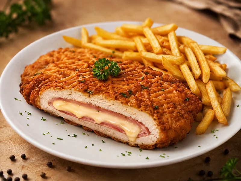 Bravčový Gordon Bleu XXL s hranolkami – Oliva Pizzeria Bravčový Gordon Bleu XXL 250 g s 200 g hranolkami – Oliva Pizzeria Tekovské Lužany