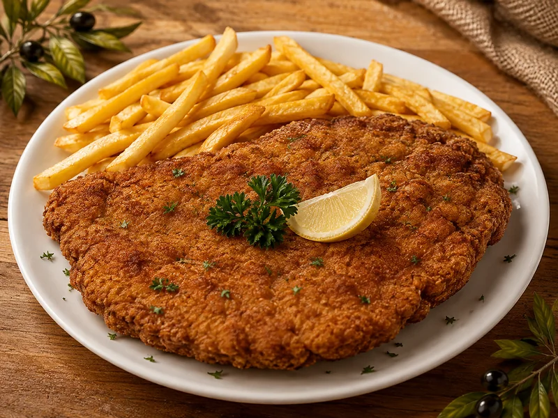Kurací rezeň XL s hranolkami – Oliva Pizzeria Kurací rezeň XL 200 g s 200 g hranolkami – Oliva Pizzeria Tekovské Lužany